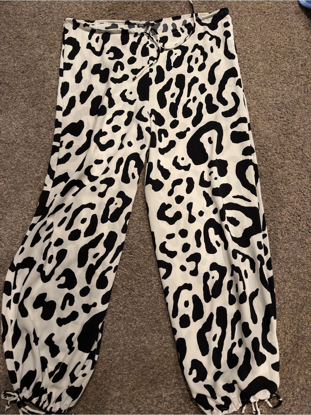 Zara Black & White Animal-Print Drawstring Joggers